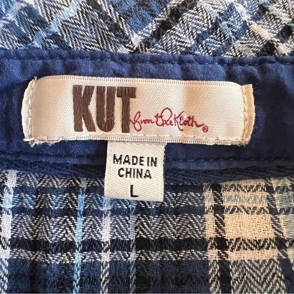 Kut From The Kloth Blue Plaid Snap Front Roll Tab Shirt Top Size L - Picture 8 of 13